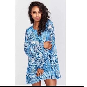 Show Me Your Mumu Perveen Pirate Paisley Tunic Size S Blue V-Neck Long Sleeve